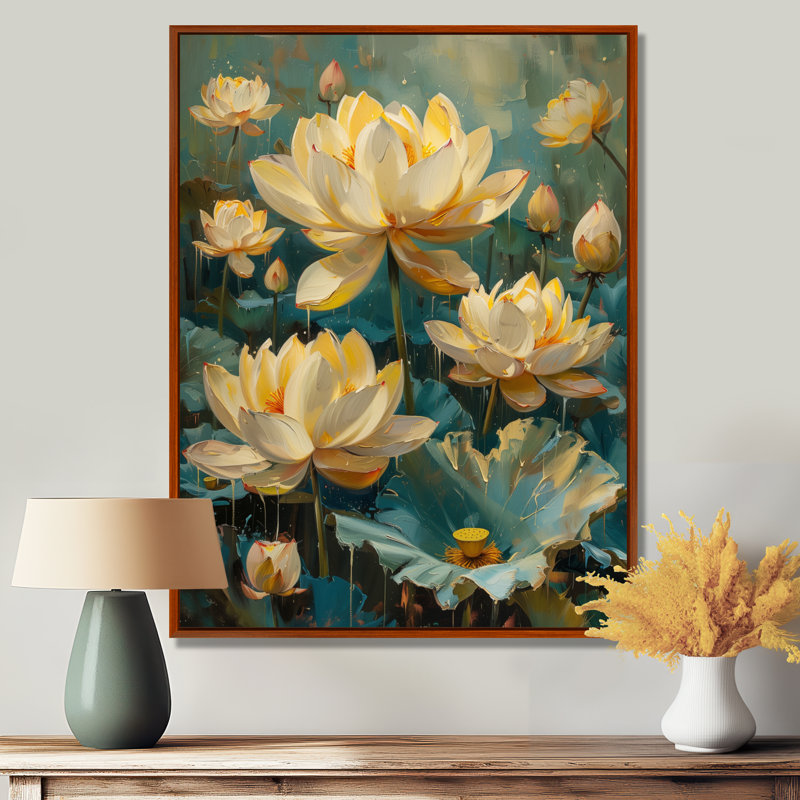 Décoration murale de jardins de lotus blanc et vert II, Cadre flottant brun, H 16 po x l 32 po