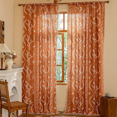 ENJOYBRIDAL Floral Curtains 63 Inches Long 2 Panels Set Burnt Orange Semi Sheer Drapes Short Terracotta Rod Pocket Bedroom Window Curtains Living Room Farmhouse Rust Boho Tassel Window Treatments