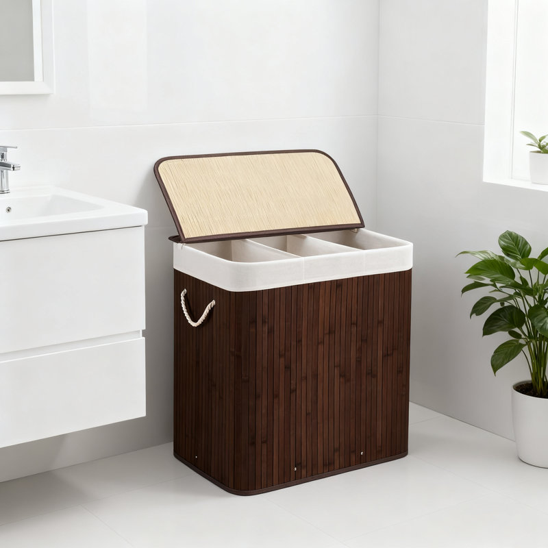 3-Section Laundry Hamper With Lid, 150L Large Collapsible Bamboo Clothes Basket With Handles For Bedroom, Bathroom, Dorm Organization