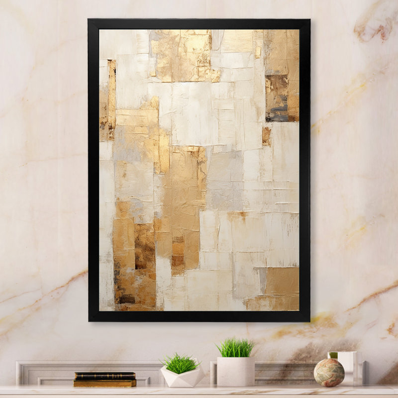«Beige And Gold Dream Collage I», formes abstraites, art mural, Cadre simple noir, Noir, H 32 po x l 16 po