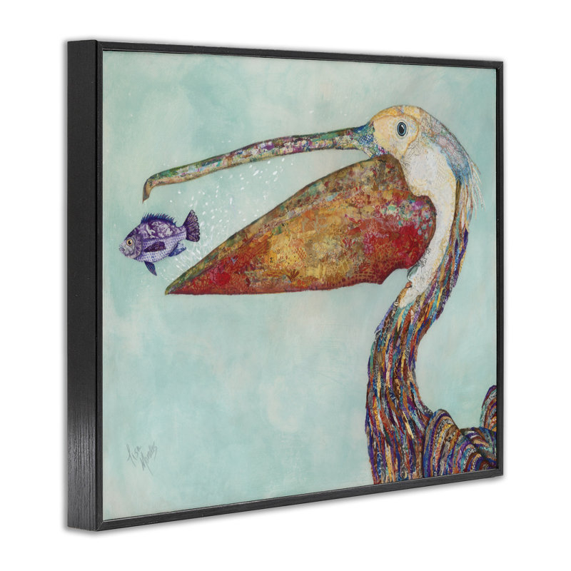 Pelican's Lost Supper, poisson et plumes à motifs par Lisa Morales - impression d'art graphique, Giclée encadrée noir minuit