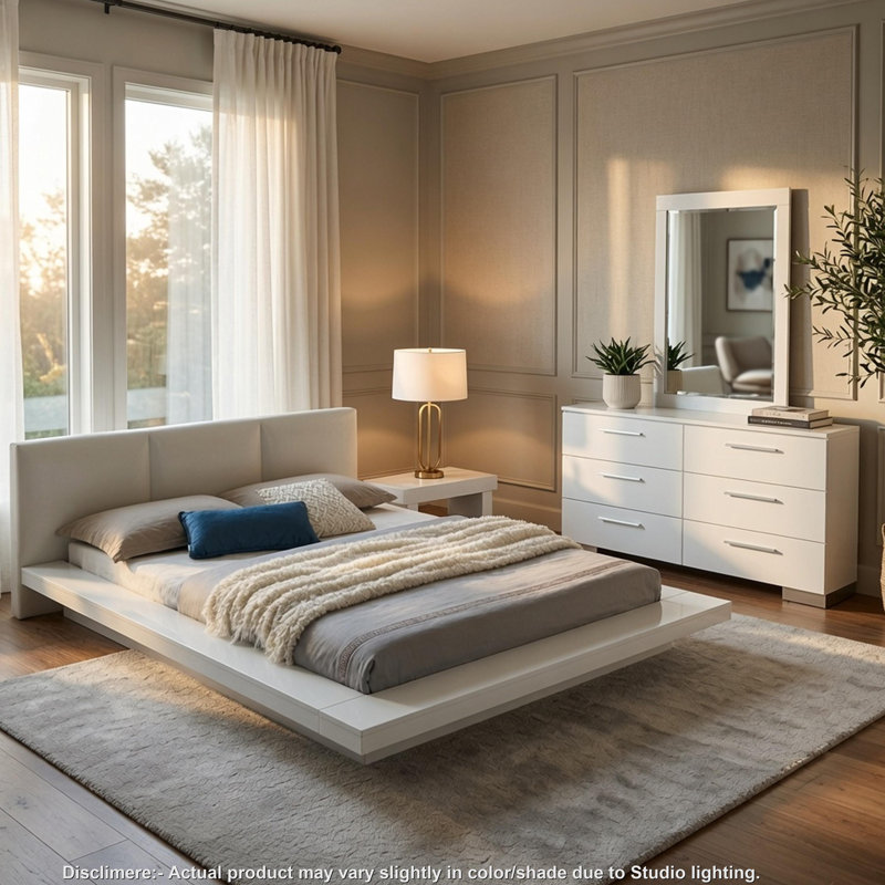 Ensemble de chambre à coucher pour grand lit 4 pièces Rsons, profil bas, rembourrage en similicuir, blanc, Grand