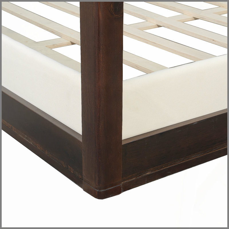 Lit plateforme à baldaquin en bois très grand avec tête de lit tapissier, structure espresso et tissu blanc, Très grand lit
