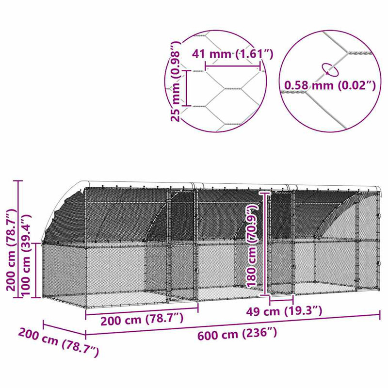 Cage à poulet vidaXL 3 pièces argent 236,22 po x 78,74 po x 78,15 po, 600 X 200 X 198.5