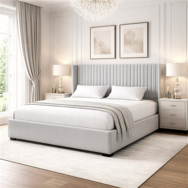 Premium Plush Bed Frame – Elegant Padded Bed with 48” Statement Headboard, Solid Wooden Bed – Contemporary Designer Finish