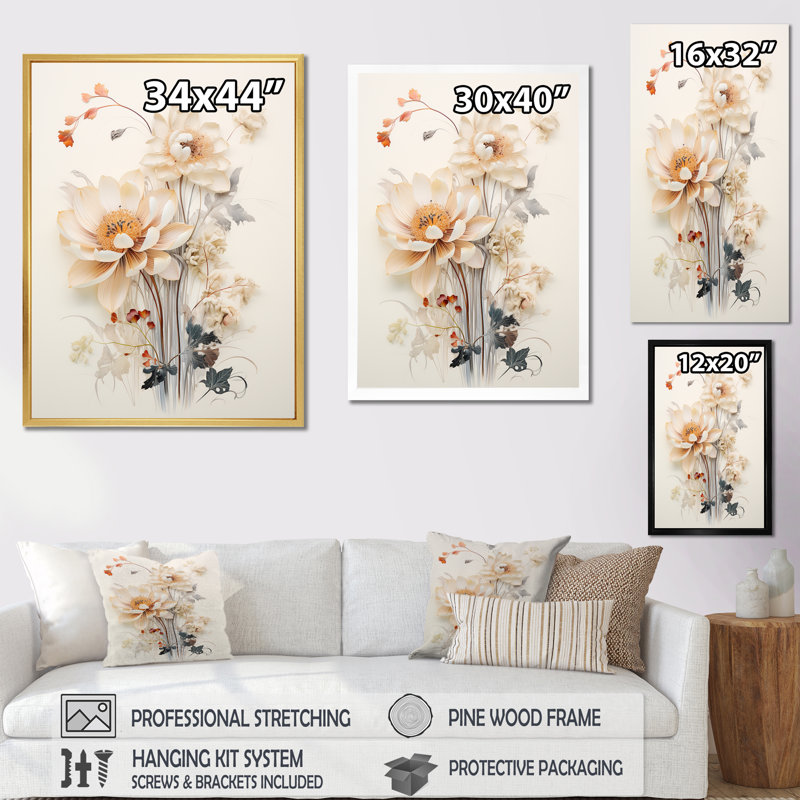 " Beige Flowers In Full Bloom V ", 32" H x 24" W x 1" D, Silver Picture Framed