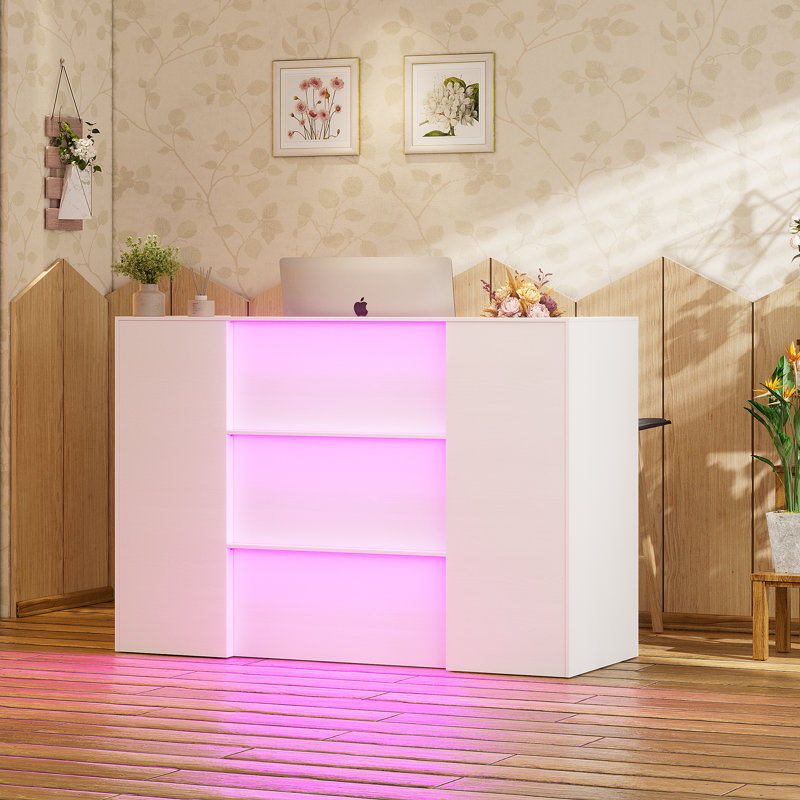 Corwynn 63'' W Rectangular Wood Reception Desk With Drawers And Cabinet, with LED Lights
