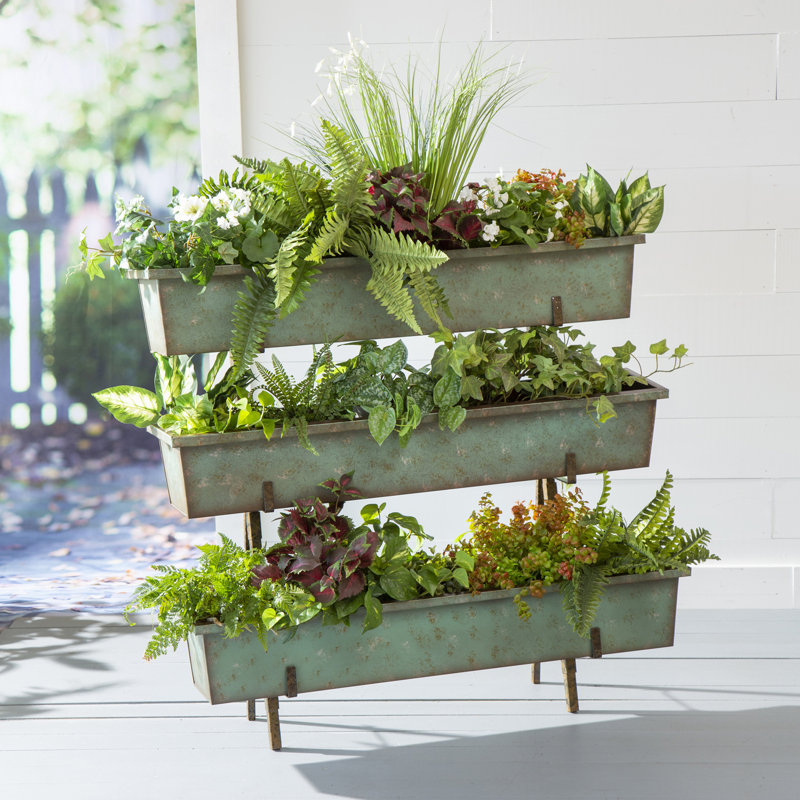 Jardinière intérieure / extérieure en métal délavé sarcelle avec support en cuivre