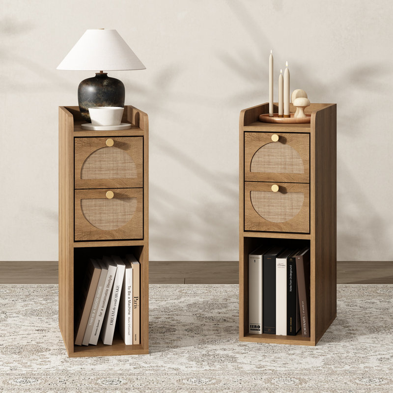 Table de bout étroite (ensemble de 2), table d'appoint mince avec 2 tiroirs arqués en rotin et table de chevet de rangement Mid-Century