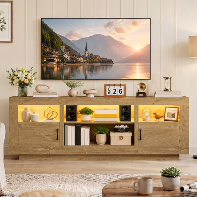 66.9" TV Stand, Modern Wood Entertainment Center with RGB LED Lights, Adjustable Shelves, Storage Cabinets, Farmhouse Media Console Table for Living Room, Natural