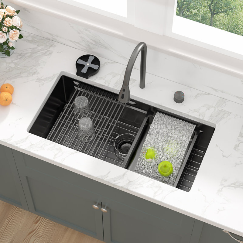 33 Inch Undermount Waterfall Kitchen Sink Single Bowl 16 Gauge Stainless Steel Sink with Ledge Workstation and Pull-Out Faucet,Cup Washer