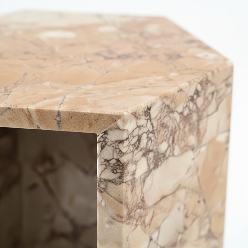 Table d'appoint hexagonale en marbre rose, grain unique et pierre très brillante, 40 cm, finition polie luxueuse, hauteur