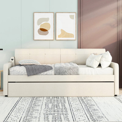 Beige Daybed With Folding Trundle And Charging Functionality Twin Size Socket - Serene