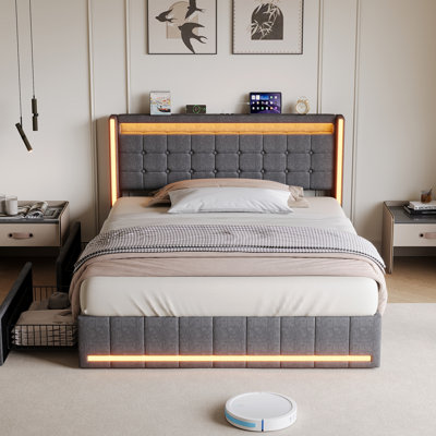 Upholstered Storage Bed with LED Headboard and Drawers