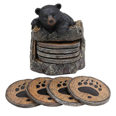 Wood Round 5 Piece Coaster Set With Holder