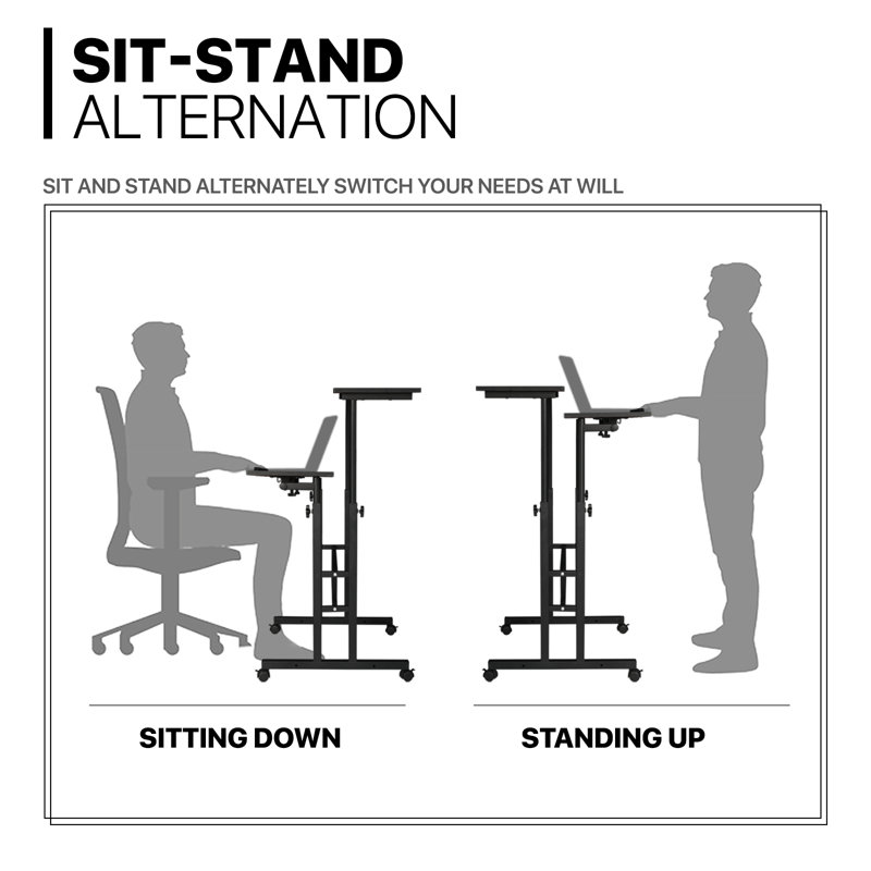 Mobile Computer Desk, Adjustable Height Laptop Standing Desk with Tilting Tabletop and Monitor Shelf, Black