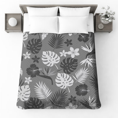Monochrome Tropical Leaves Quilted Thin Bedspread