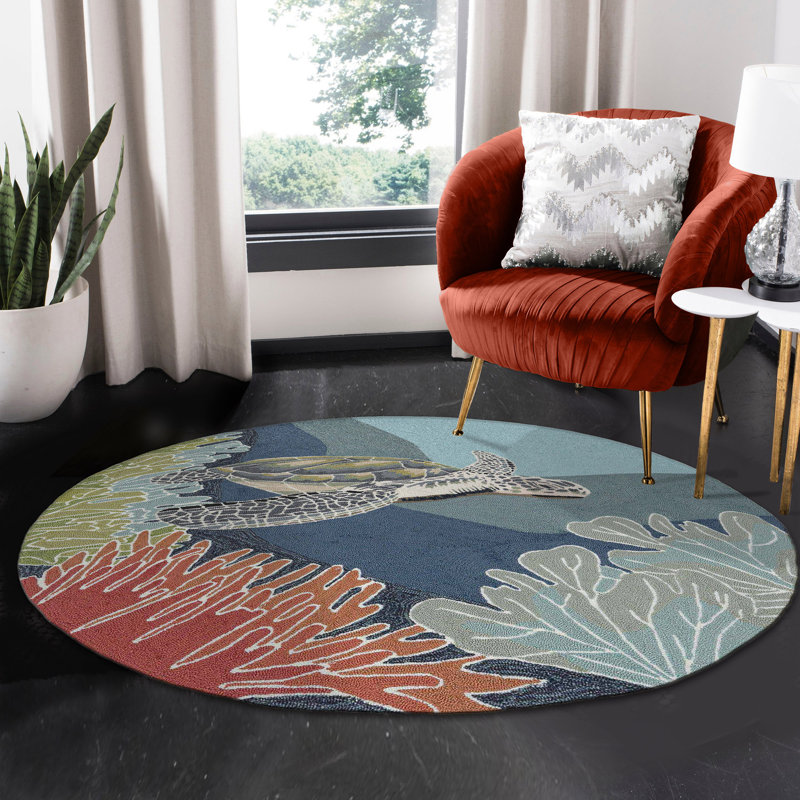 Tapis intérieur / extérieur bleu touffeté à la main Hemsworth, Rond 5 pi
