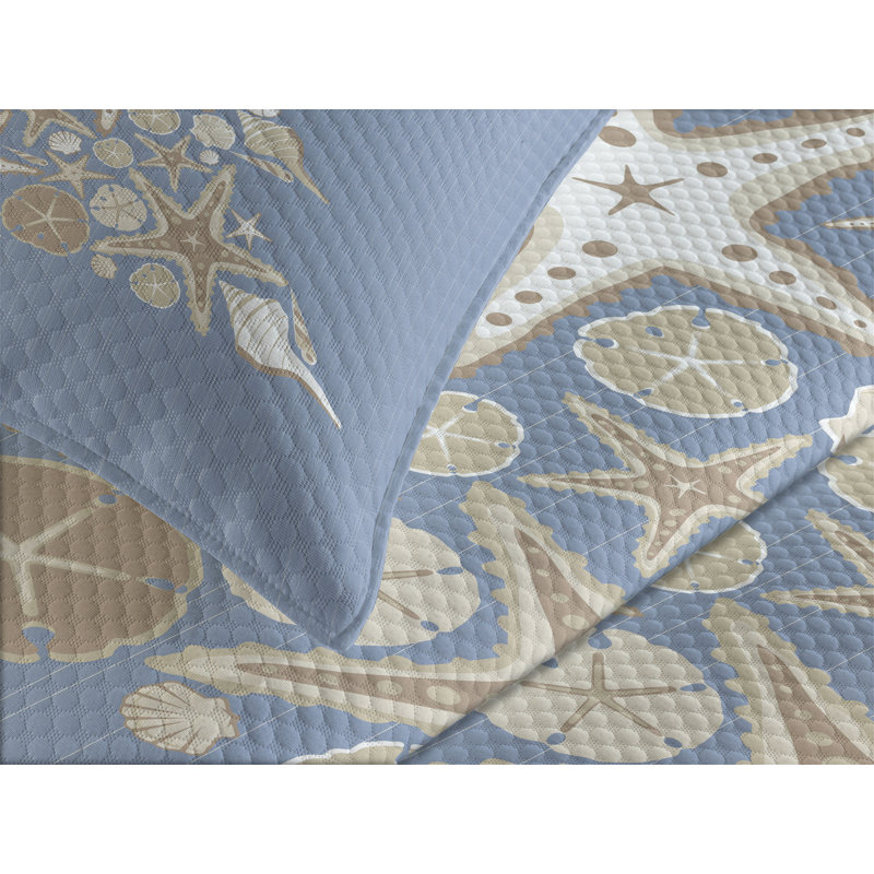 Queen Size White and Blue Polyester Nautical Bedspread Set
