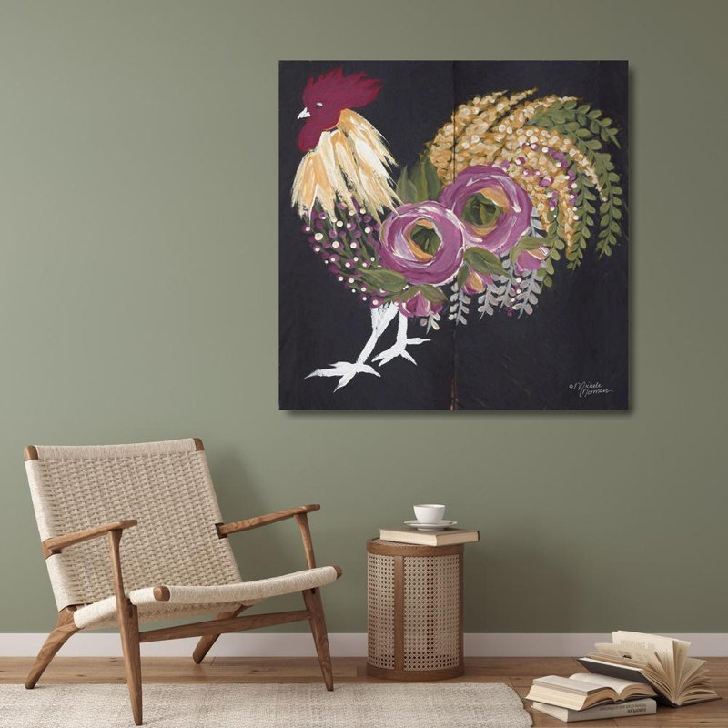 Art sur toile tendue par Rosalind Wheeler Norman, Michele Gallery: coq floral sur fond noir, H 28 po x l 28 po