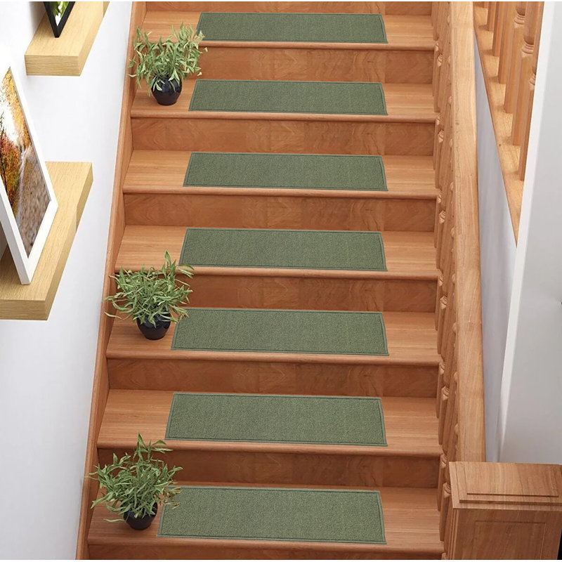 Tapis d'escalier vert uni antidérapant lavable à la machine, 13, L 26 po x l 7 po
