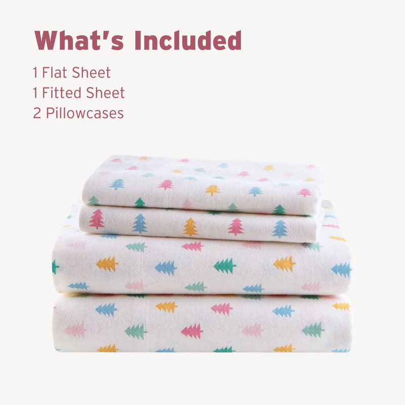 Cozy Soft 100% Cotton Flannel Pigment Printed Sheet Set, Twin Extra Long, Tree Block
