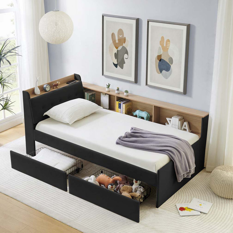 Velvet Upholstered Storage Daybed Frame with Wireless Charging,Storage Drawers & LED Lights, Black