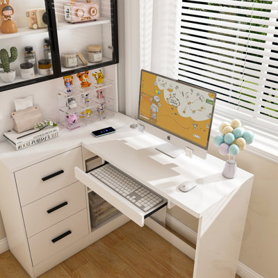 L-Shaped Office Desk with Glass Cabinets & Built-In LED Lights and USB Charging Ports
