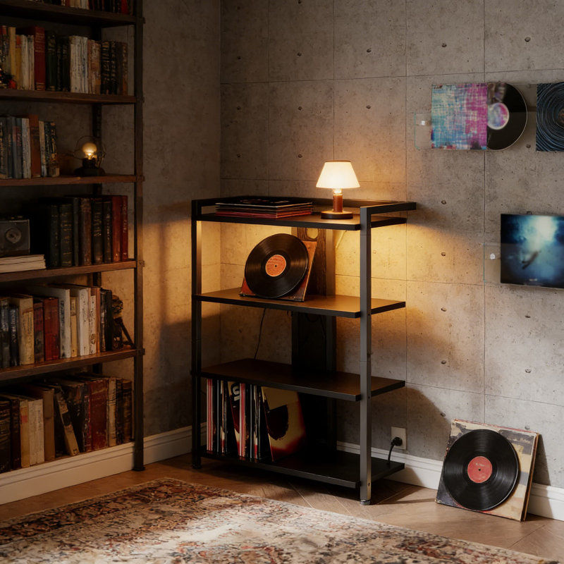 4-Tier Media Console With LED Lights And Charging Station - Wooden Entertainment Center For TV, Record Player, And Gaming Devices