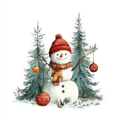 «Cozy Snowman with Ornaments», art mural sur toile tendue