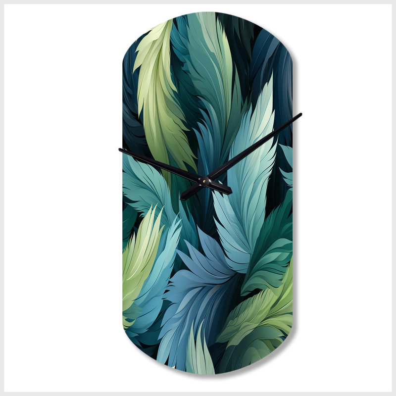 Plumes de perroquet bleu et bleu sarcelle - horloge murale cylindrique abstraite en métal, impression d'horloge murale asymétrique moderne