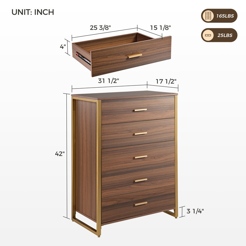 Buffet contemporain 5 tiroirs Chapeno, Brun / or