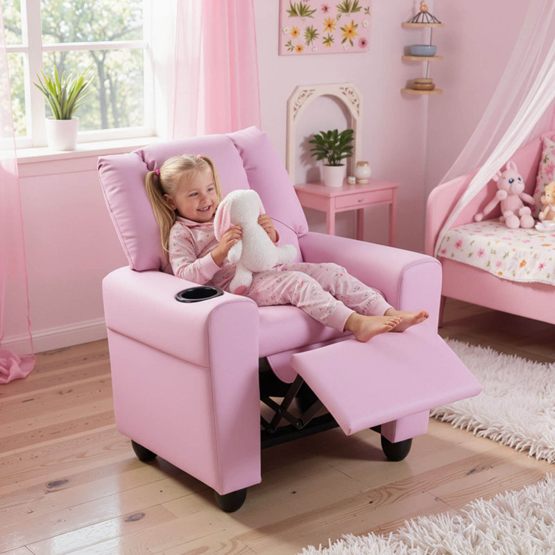 Fauteuil inclinable pour enfants avec porte-gobelet, dossier et repose-pieds réglables rose, Rose