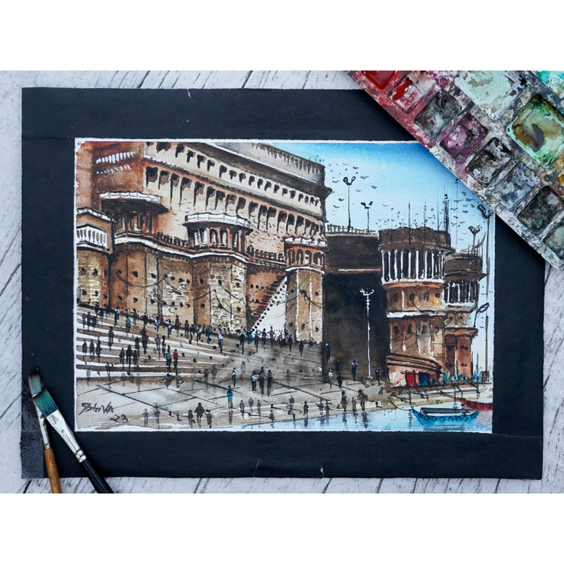 Banaras Ghat | Aquarelle | Magnifique peinture de Shiva Pandey