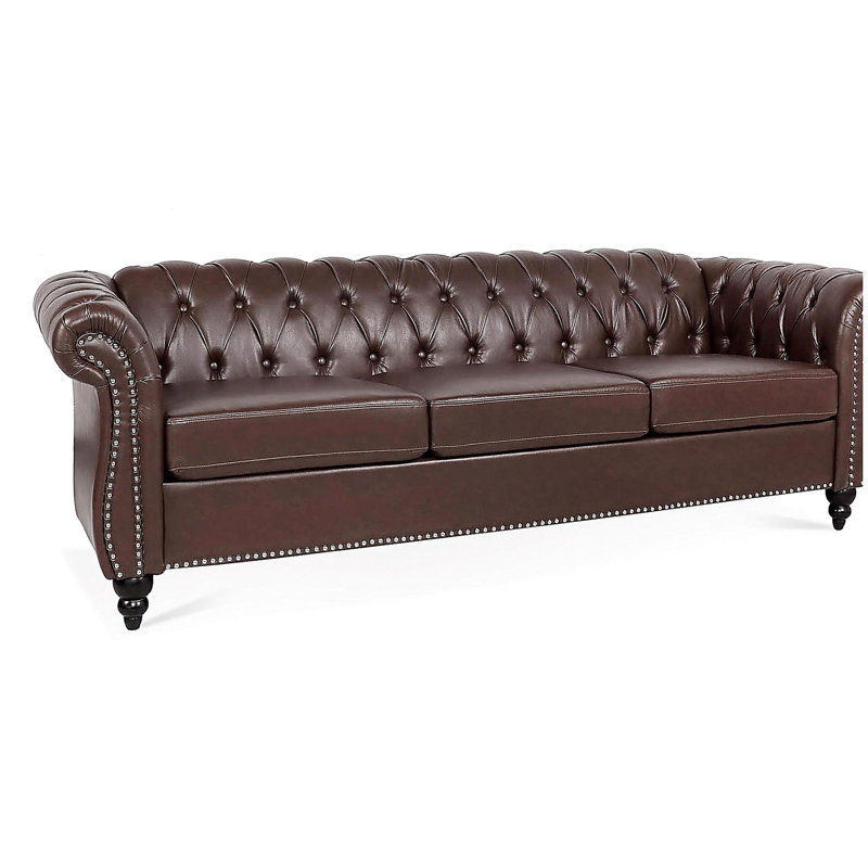 Canapé Chesterfield 84,65 po à accoudoirs rembourrés en polyuréthane brun foncé., Marron foncé