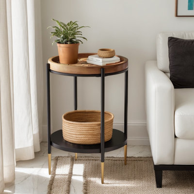 Round 2-Tier End Table with Solid Wood Top, Small Accent Side Table and Nightstand for Living Room and Bedroom
