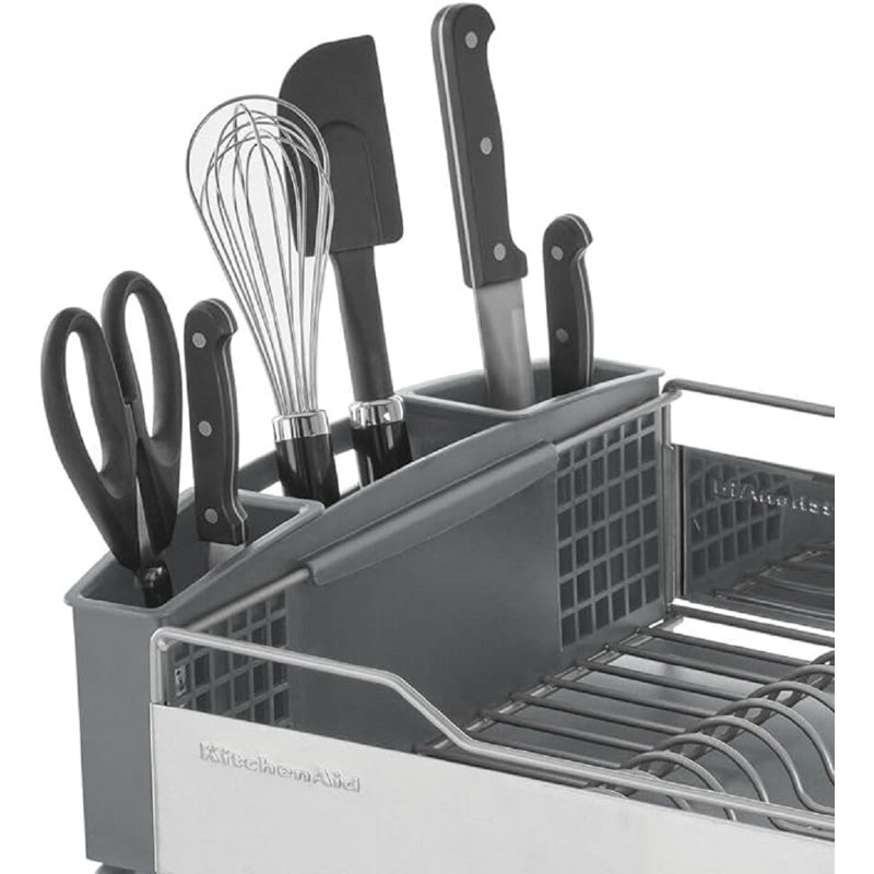 Large Capacity Full Size Rust Resistant Dish Rack With Angled Drain Board And Removable Flatware Caddy, Light Grey