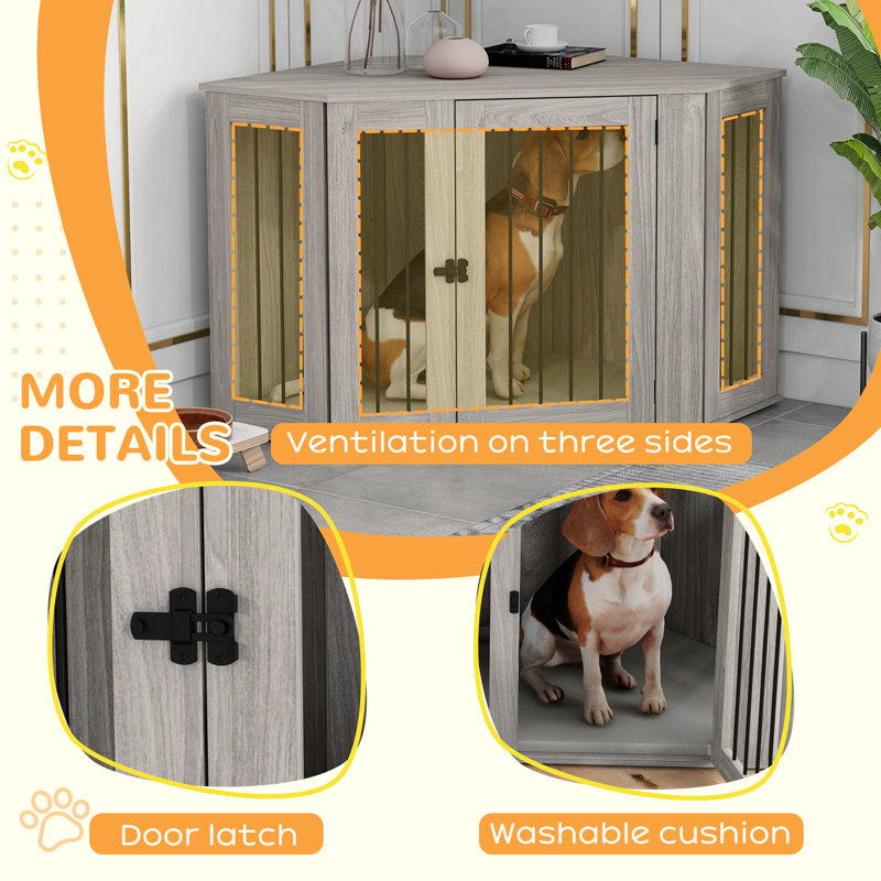 Corner-Style Dog Crate End Table - Walnut Brown Kennel With Plush Cushion, Space-Saving Design For Large Dogs