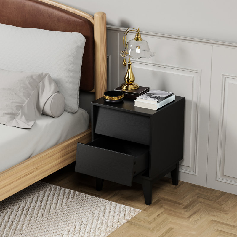 Table de chevet de style rétro en noir pour la chambre à coucher, pieds en bois massif, apparence gracieuse de la chambre à coucher, design rétro avec pieds, grande capacité de rangement