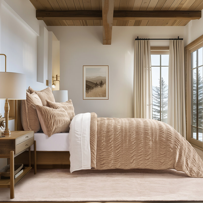 Ensemble d'édredon Ruched, Cannelle kaki, Courtepointe très grand + 2 taies décoratives tr