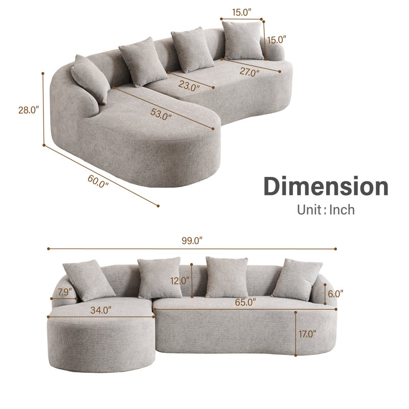 2-piece L-shaped Sectional Sofa With Curved Design And Left-facing Chaise, Grey Chenille