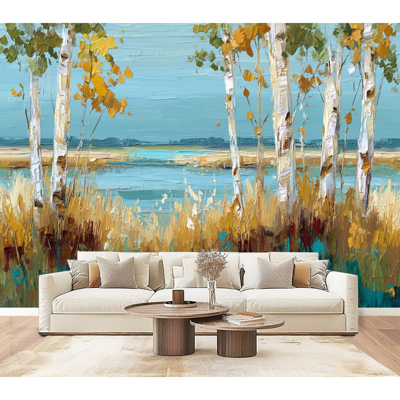 Papier peint adhésif pelez et collez, bouleaux, peinture à l'huile, après-midi doux, après-midi H 69 po x l 96 po, amovible, papier peint mural en PVC, adhésif pour chambre à coucher, salon, salle à manger, bureau à domicile