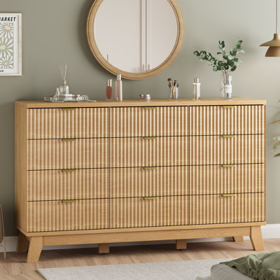 Fluted 12-Drawer Dresser for Bedroom,57"Wide Chest of Drawers With  Metal Handle，Sturdy table legs，Large Storage Dresser for Living Room