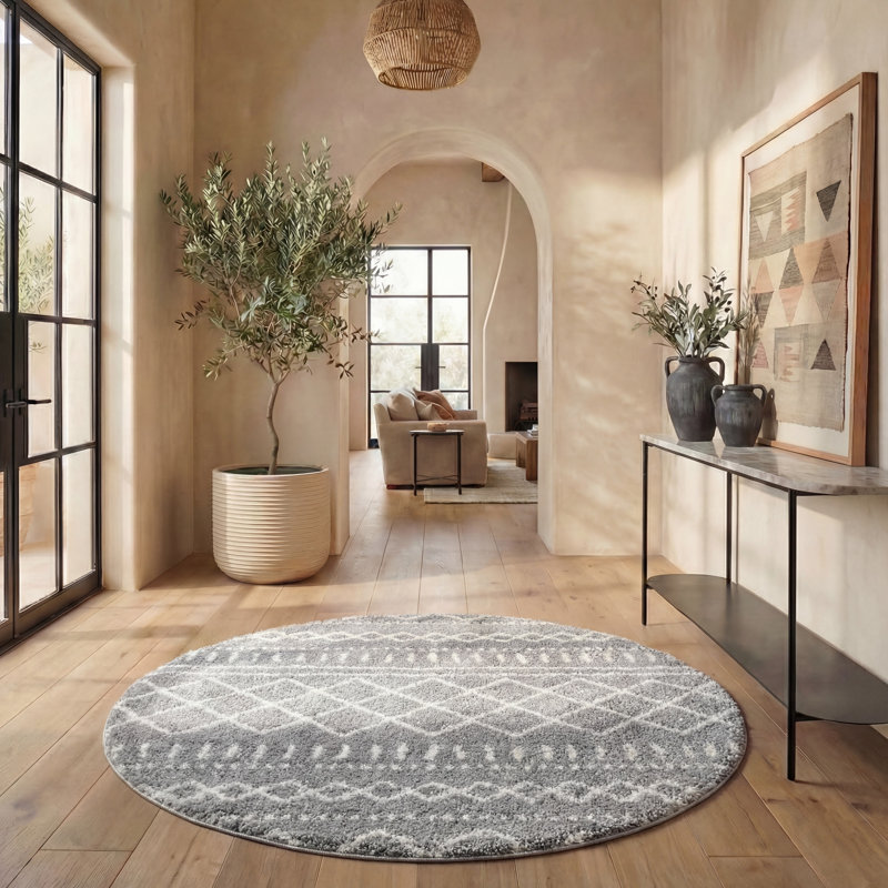 Develin Performance Chevron Rug, Round 6'7", Gray/Ivory