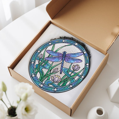 Dragonfly Pond Stained Glass Window Panel，7.8H