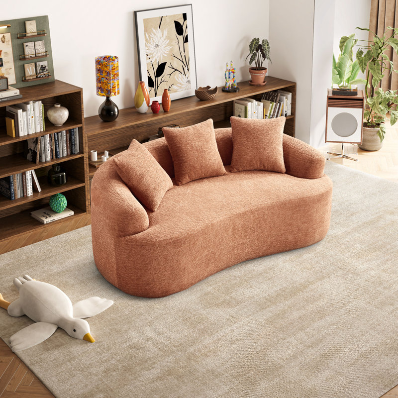 Textured Chenille Fabric Curved 2-seater Sofa With Compressed Foam And Spring Pocket Structure, Coral