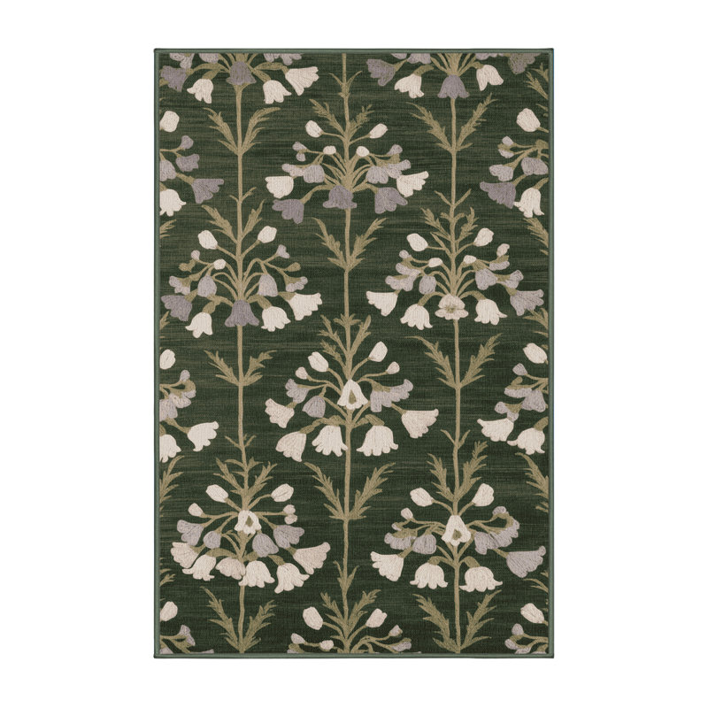 Machine Washable Botanical Green Area Rug, Rectangle 6' x 9'
