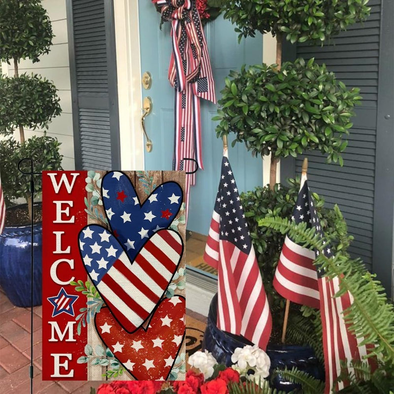 4ème drapeau de jardin patriotique de bienvenue, cœurs des États-Unis double face rouge et bleu