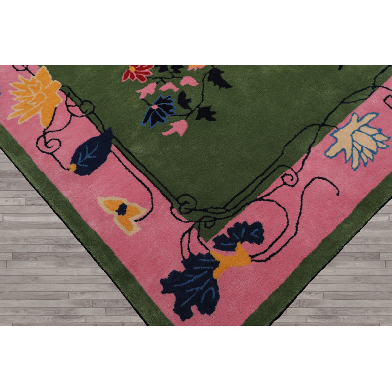 Tapis vert touffeté à la main vert multicolore, Rectangle de 5 pi x 8 pi