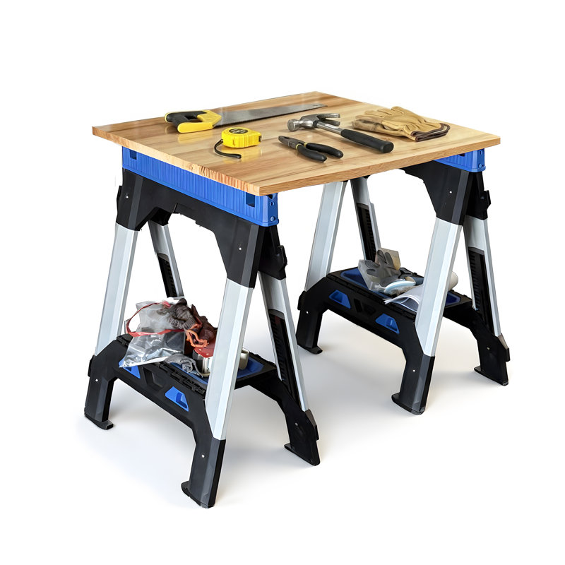  Ensemble de 2 chevalets pliants robustes, capacité de charge totale de 2500 lb, corps en plastique PP avec 4 pieds télescopiques réglables en acier thermolaqué, tablette intégrée et crochets à cordon, pliable pour un rangement facile